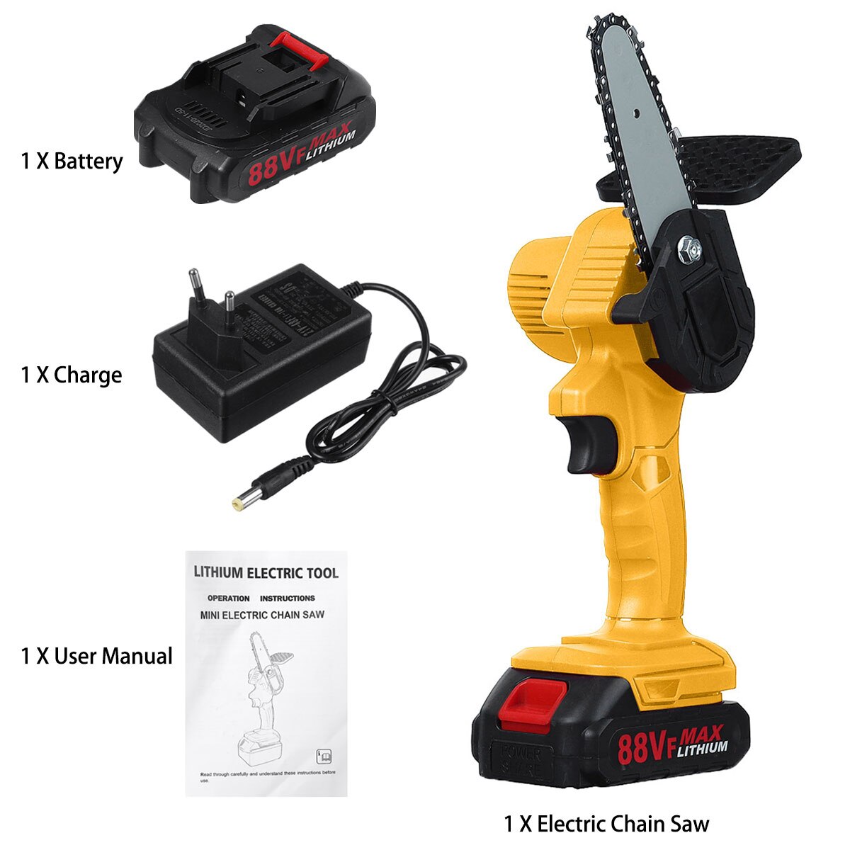 Mini sierras de cadena eléctricas 88VF, motosierra de poda, sierra de corte para árboles de jardín inalámbrica, para cortar madera con batería de litio: Yellow 1 Battery