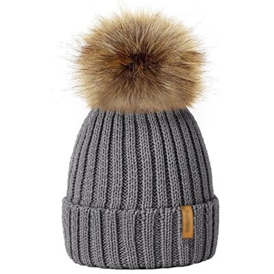 Ouder/kind dames mutsen warme winter pompom bont gebreide mutsen dames baby meisjes jongen bont pompom muts ski sneeuwmuts: Grijs / Kinderhoed