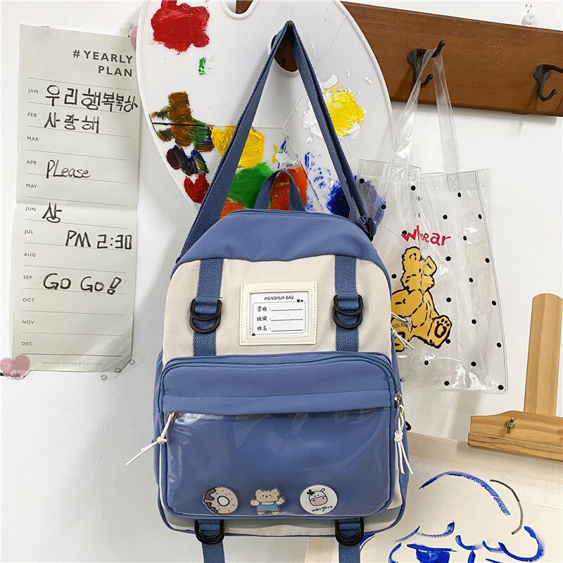 DCIMOR Waterproof Nylon Multifunction Women Backpack Female Lovely Transparent Pocket Travel Bag Small Schoolbag for Girls: blue / only backpack