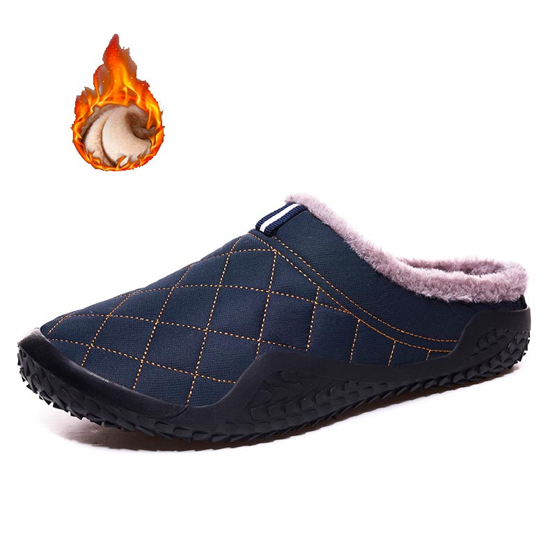 Valstone Man Cotton Slippers Winter Outdoor Warm Shoes Home Plush Lining Mules Breathable Light Casual Non-slip Footwear: Dark Blue / 12.5