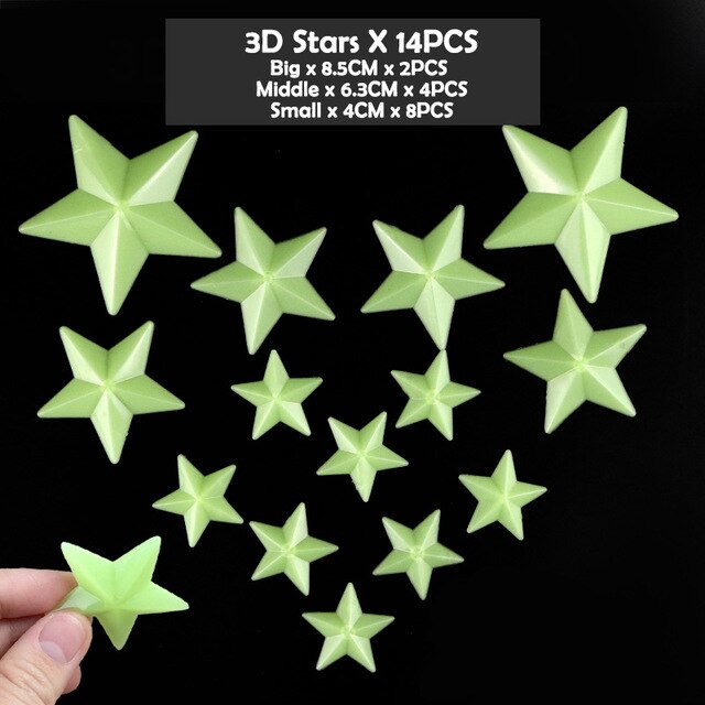 Fluorescent Luminous Kids Bedroom Storage Rooms Star Children's Glow in the Dark Toys Sticker Adhesive Sticker: 14PCS 3D Star