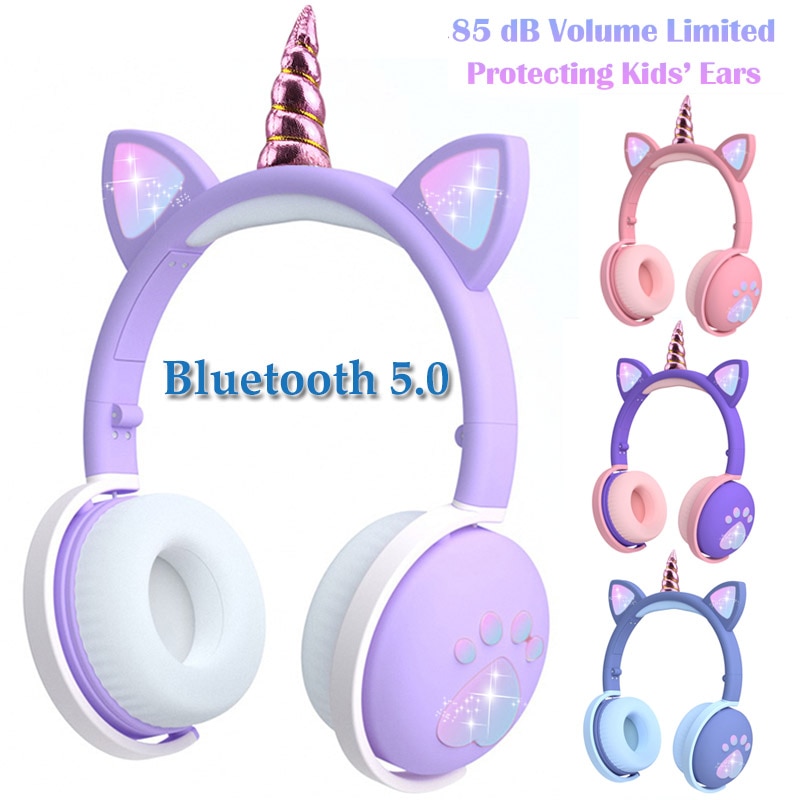 Eenhoorns Kids Bluetooth Hoofdtelefoon Led Gloeiende Stereo Muziek Headset Opvouwbare Veilig Volume Oortelefoon Voor Jongens & Meisjes