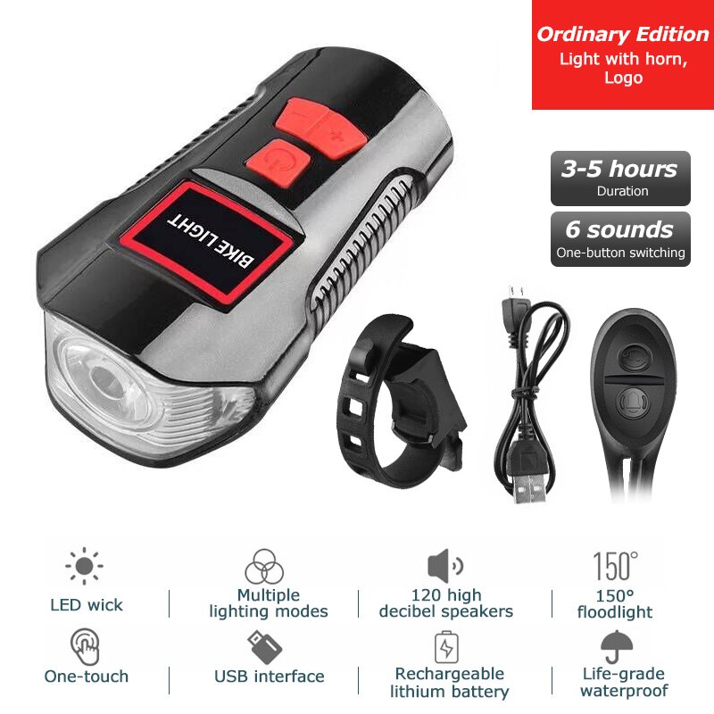 Waterproof Bicycle Computer With Light USB Charging Bike Front Light Flashlight Handlebar Cycling Head Light w/ Horn Speed Meter: Ordinary Edition Red