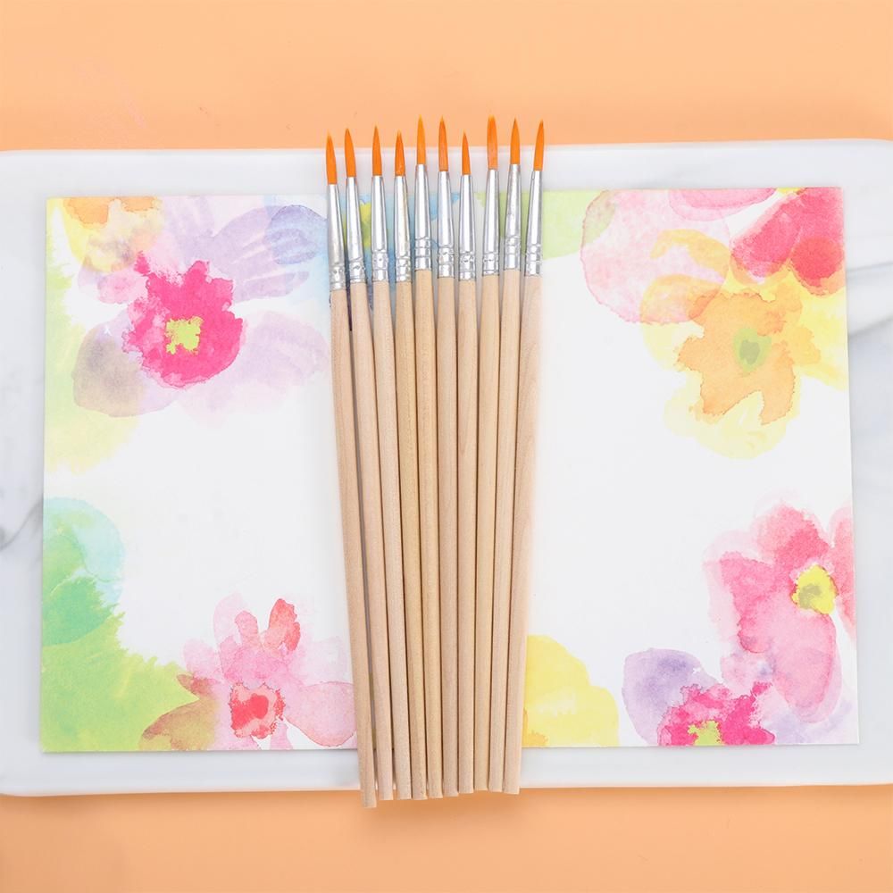 Set de 10 Pinceles de Pintura - Pelo de Nylon + Mango de Madera - Acuarela, Óleo, Caligrafía - Materiales de Arte