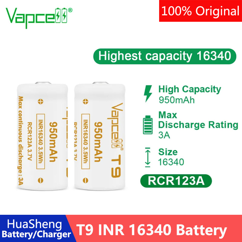 Højkapacitets vapcell  t9 inr 16340 batteri 950 mah 3a 3.7v knap top genopladeligt batteri udskifter rcr 123a celler til lommelygte
