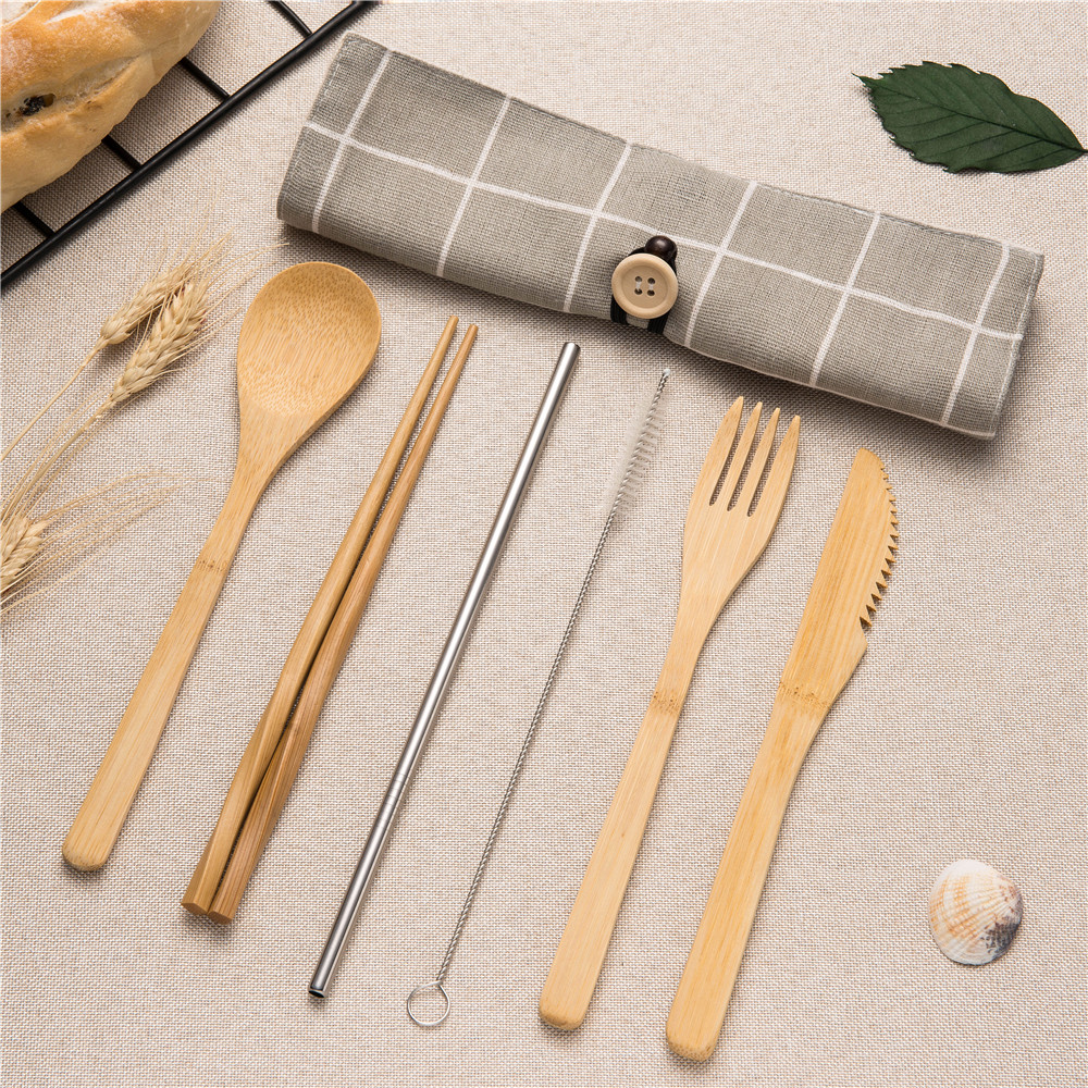 7pcs Reizen Bestek Hout Draagbare Servies Set Houten Bestek Sets Reizen Serviesje Pak Milieu met Doek Bag: 7pcs set002