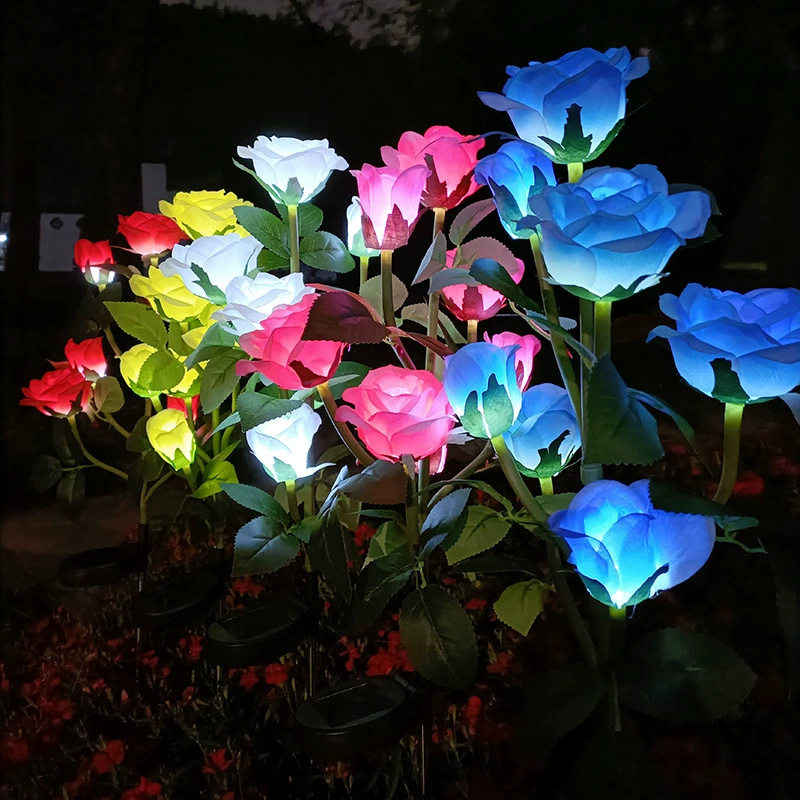 LED-verlichting op zonne-energie Rose gazonlamp rood blauw geel roze witte bloemlantaarn 5-kops buitenlicht voor bruiloft binnenplaatsdecoratie