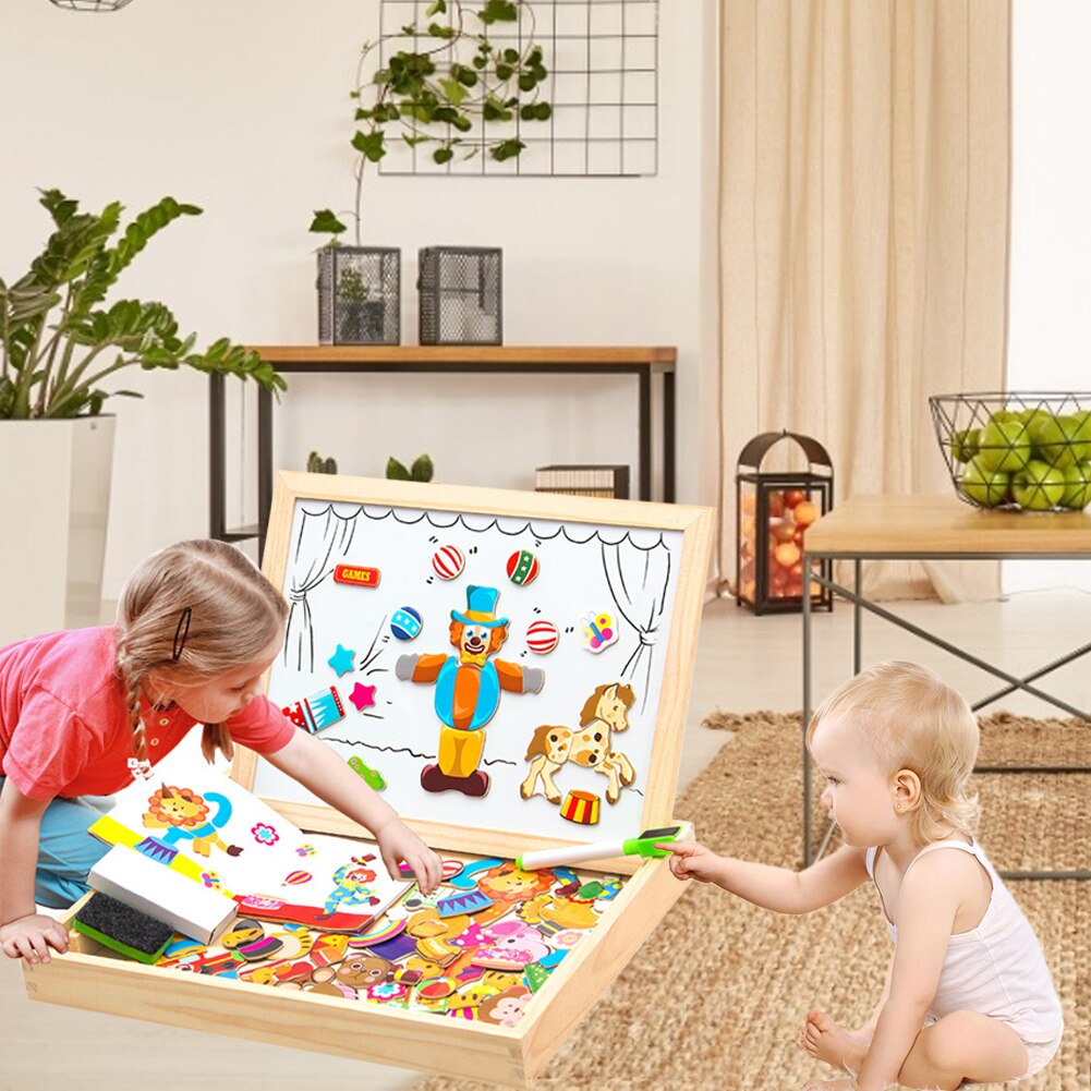 Animal Wooden Toys Magnetic Easel Board Jigsaw 3D Puzzle Toy Box With Board For Children Draw Educational Learning Toy Kids