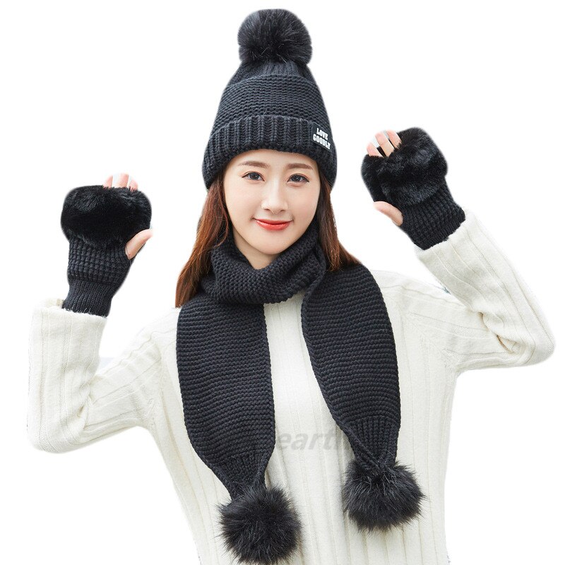 Vrouwen Hoeden Sjaal Handschoen Drie Stukken Sets Winter Gebreide Muts Sjaal Vrouwen Gorros Casual Lange Sjaal Chapeu Feminino bone: black