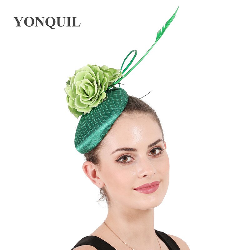 Coiffe de mariage fleur verte mariée casque de avec maille fantaisie Fascinators chapeau de mariée avec pince à cheveux pour femme