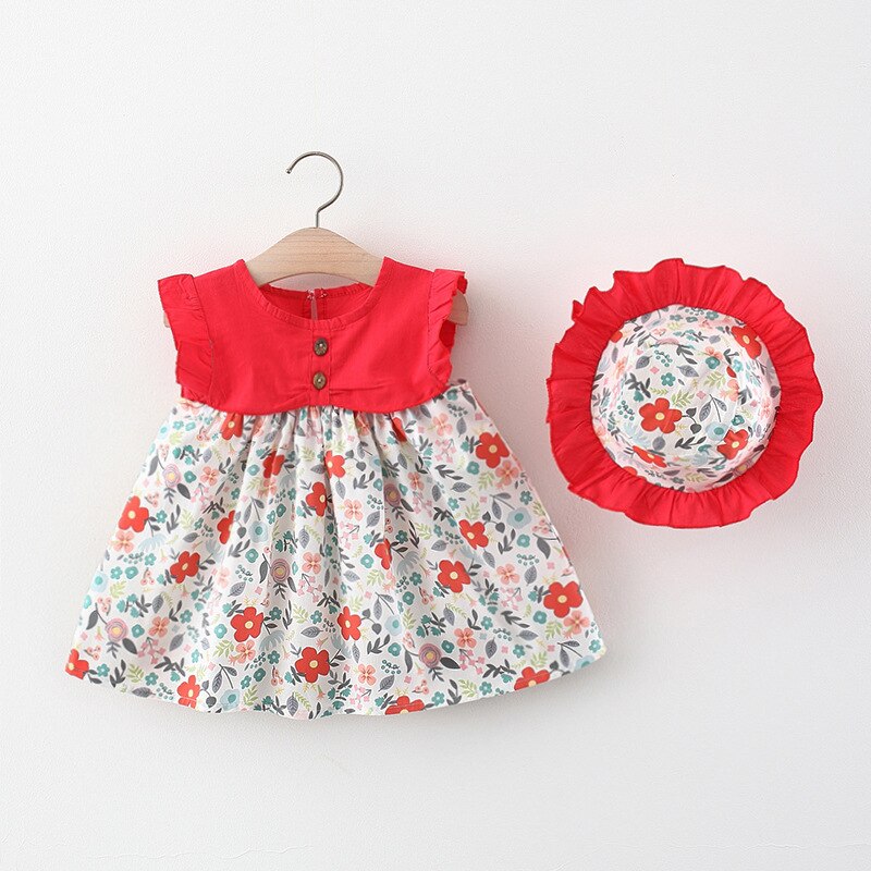 2022 vestito estivo per bambina con cappello a secchiello abiti da spiaggia floreali in cotone vestiti per bambina vestito estivo per bambini: Red / 73