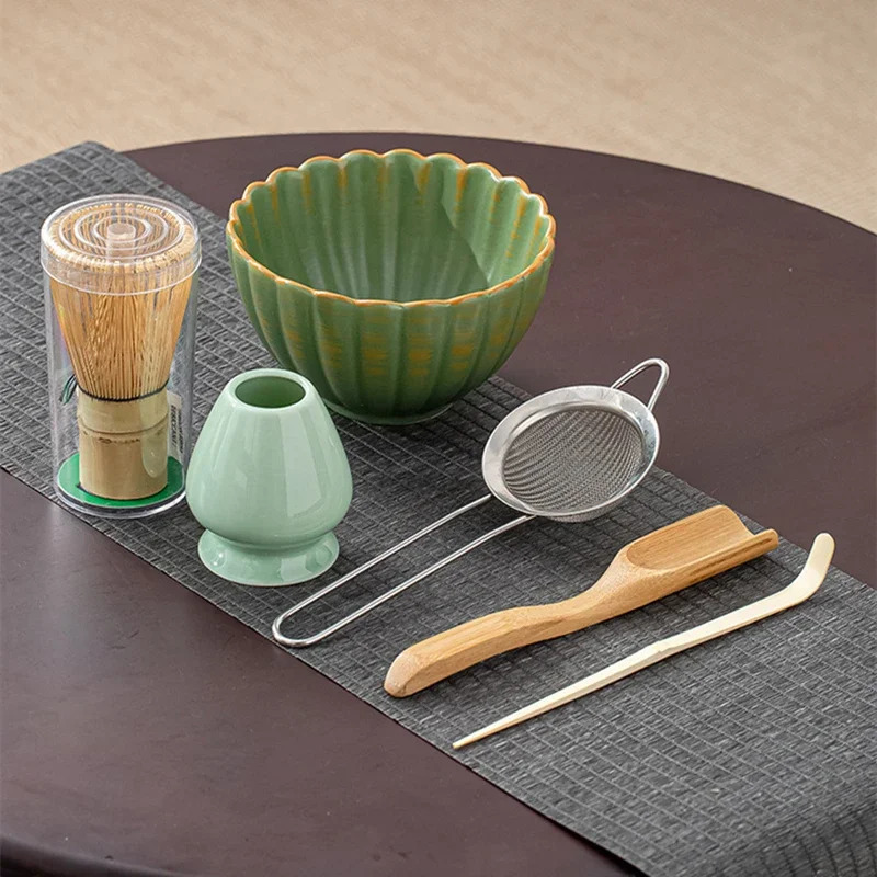 Matcha Whisk Set with Matcha Ceramic Bowl, Matcha Bamboo Whisk, Scoop, Sifter Home Kitchen Decor Tea Making Tools