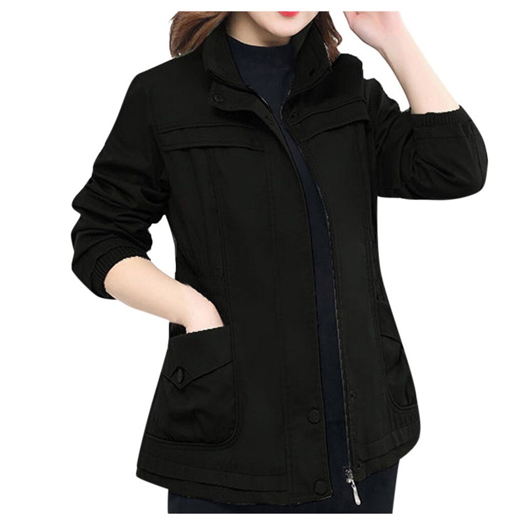 Solid Green Women Long Sleeve Jacket Windbreaker Parka Pockets Cardigan Coat Autumn Outwear Women Clothes#G30: Black / XXXL