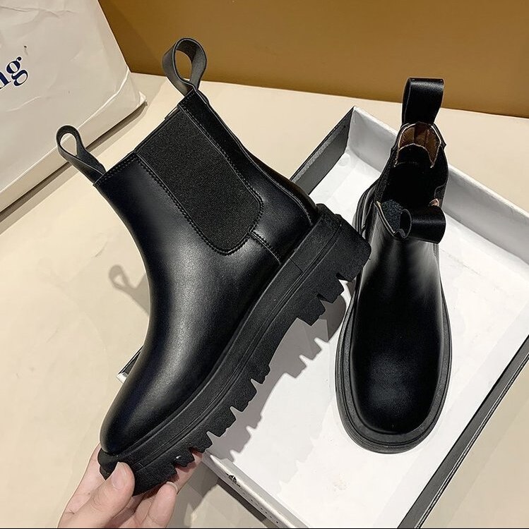 Höst vinter höga damstövlar martin boots tjock muffinbotten ökad vattentät lång tub chelsea boots  d1444: Kort / 36