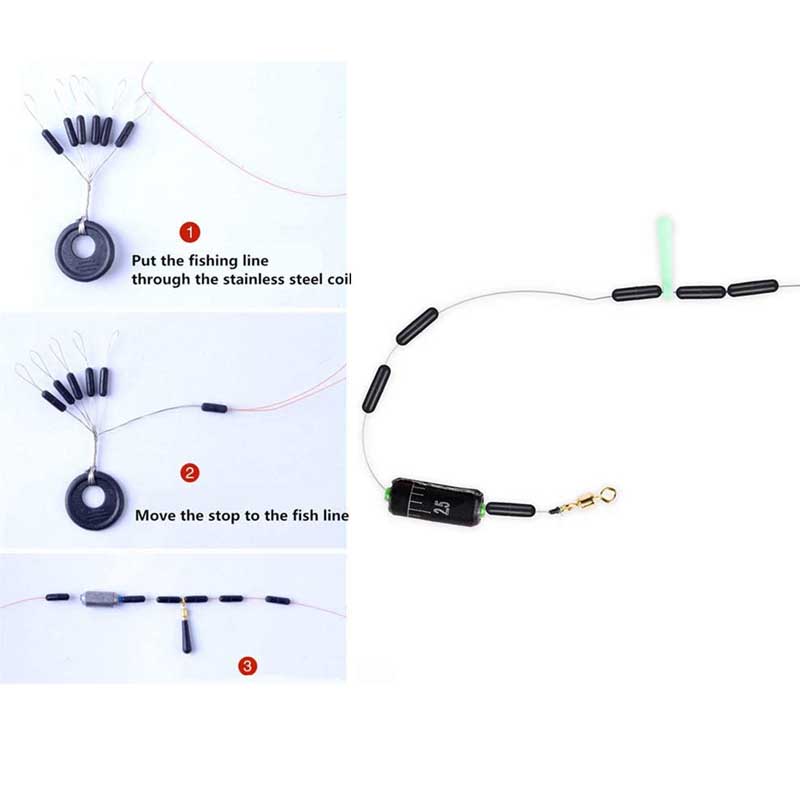 Bobber de pesca cilíndrico Space Bean, flotador de goma, tapón de cuentas, plomos, conector de línea de pesca, 10 grupos, 60 uds.