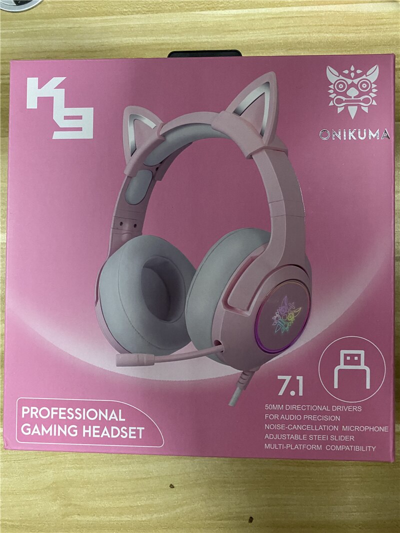 Product K9 Pink Cat Ear Cute Girl Gaming Headset With Mic ENC Noise Reduction HiFi 7.1 Channel RGB Wired Headphone: USB 7.1 with box