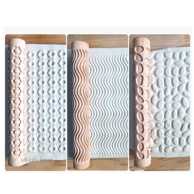 Rodillo de textura de madera para cerámica, herramienta de modelado con relieve de árbol, piedra, patrón de flores, rodillo de barro, escultura de cerámica artesanal