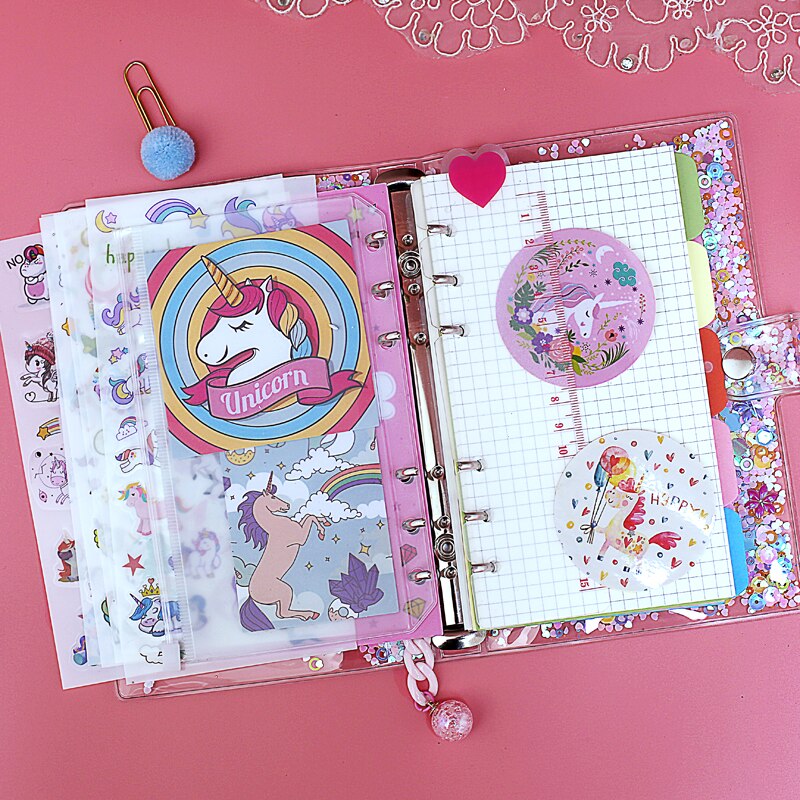 A5 A6 Cute Notebook Planner Set Sparkling Loose Leaf PVC Shell, Pink Unicorn Journal Diary Set Travel Agenda DIY Diary Girl