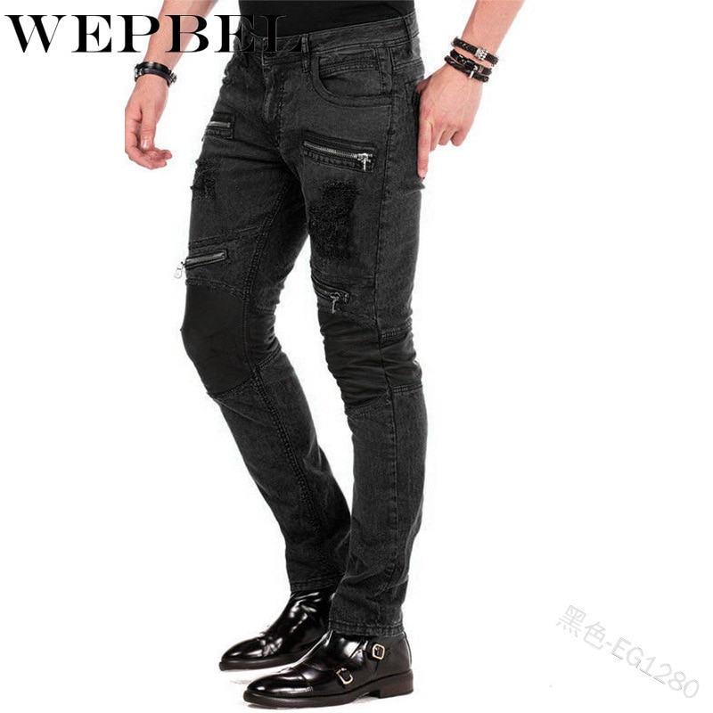 Wepbel punk vintage miehet laihat denim housut useat vetoketjulliset taskut tilkkutäkki rock roll farkut revitty letku denim pitkät housut