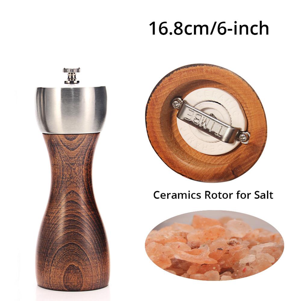 Wood Salt and Pepper Grinder - Wooden Mills, Gourmet Precision Mechanisms and Premium Sea Salt &amp; Peppercorns: 6in for salt