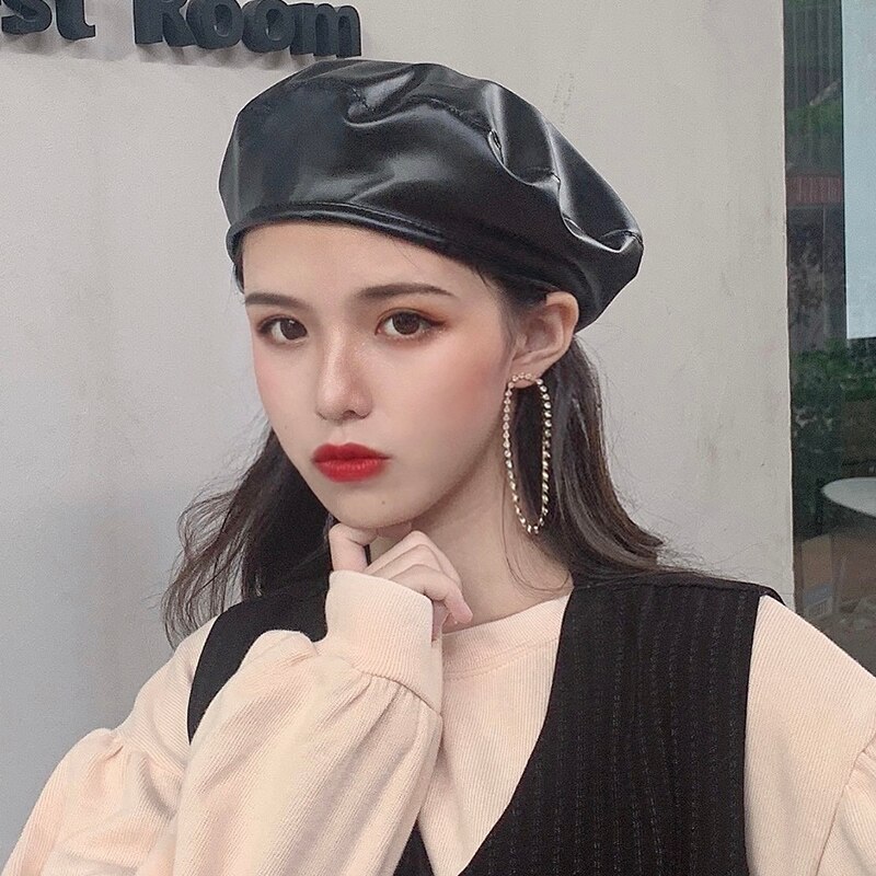 PU Leather Beret Hats For Women - Solid Color French Style Slouchy Tam Caps Adjustable Size