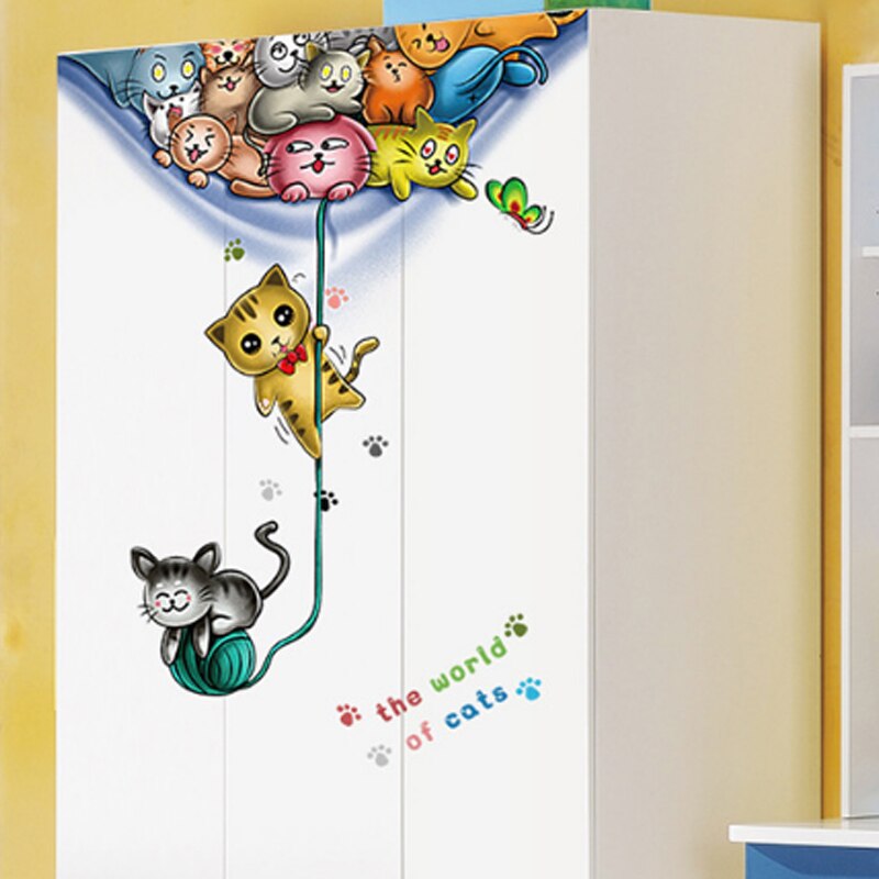 Mooie Cartoon Katten Deur Decor Art Muurstickers Lijn Bal Kat Home Decor Voor Kinderkamer Leuke Dieren Pvc Vinyl muurstickers