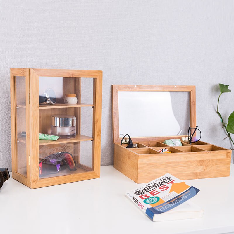 Bamboo Storage Box with Cover Retro Style Dolls Display Cabinet Desktop Table Organizer Sundries/Jewelry Box