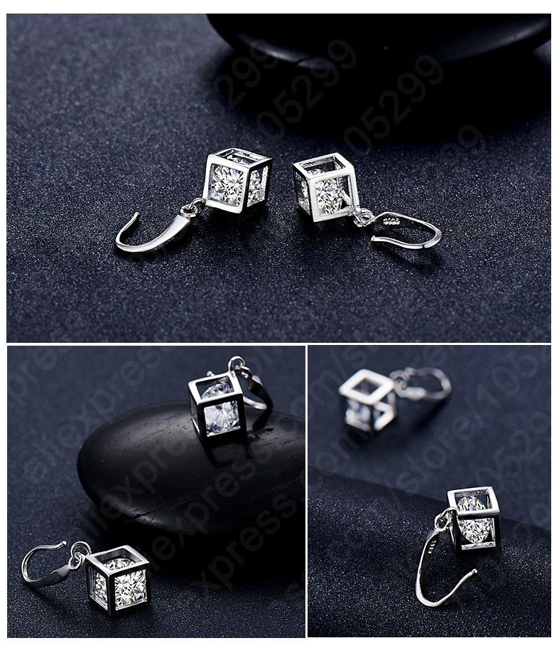 Cubo feliz 925 conjuntos de jóias finas prata esterlina dentro zircônia cúbica quadrado pingente colar brinco conjunto casamento presentes