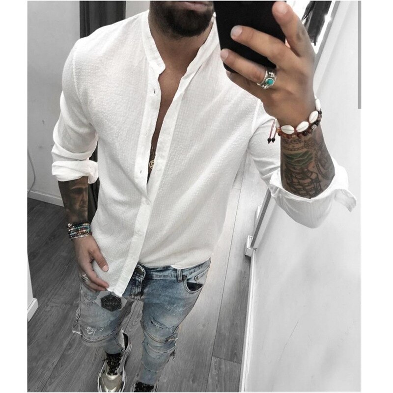 Plus size skjorter herre bluse almindelig langærmet skjorte herre åndbare toppe high fashion tøj mænd casual top slim fit bluser: Hvid / Xxxl
