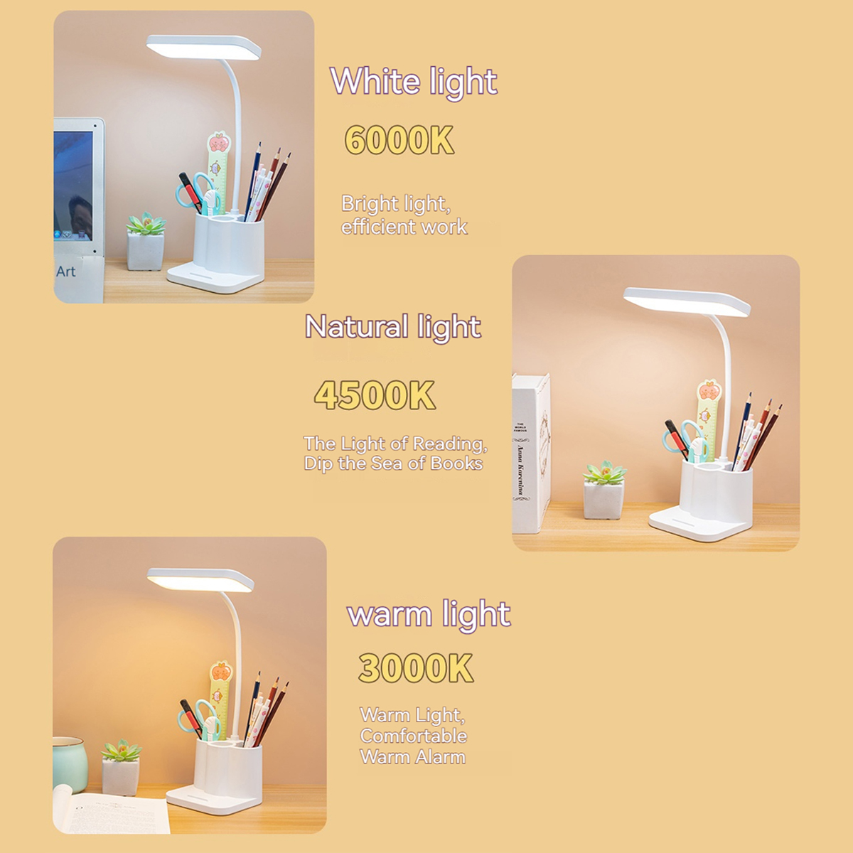 USB LED-tafellamp 3-kleuren Oogbescherming Student Boek Leeslamp Nachtlampje voor slaapkamer Nachtkastje Leren slaapzaal