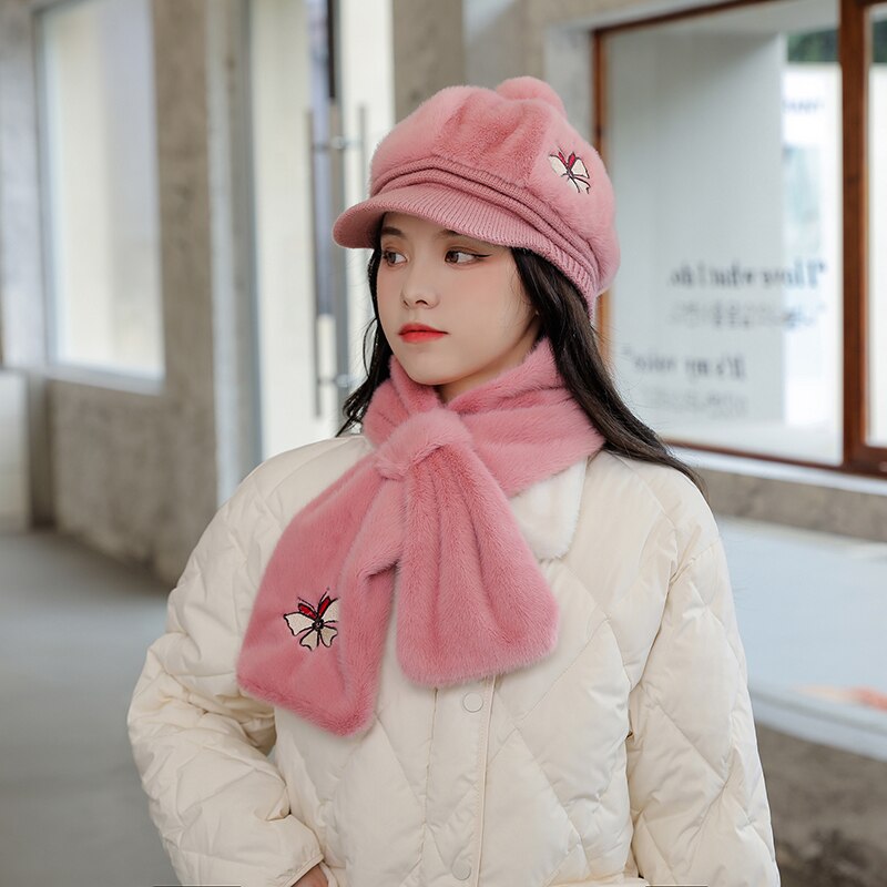 Chapeau octogonal en laine de pour adulte, couvre-chef femme papillon avec couvre-cou, deux pièces, neige, pour l&#39;extérieur, hiver 100%