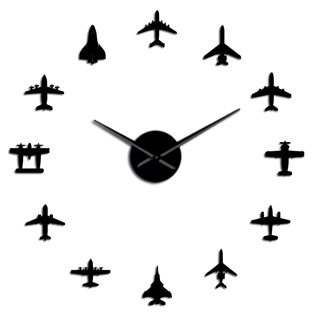 Pilot Airplane Contemporary Wall Clock Silent Quartz 3D Mirror Effect DIY Wall Art Modern Fly Plane Fighter Jet Klok: Black / 37 Inch