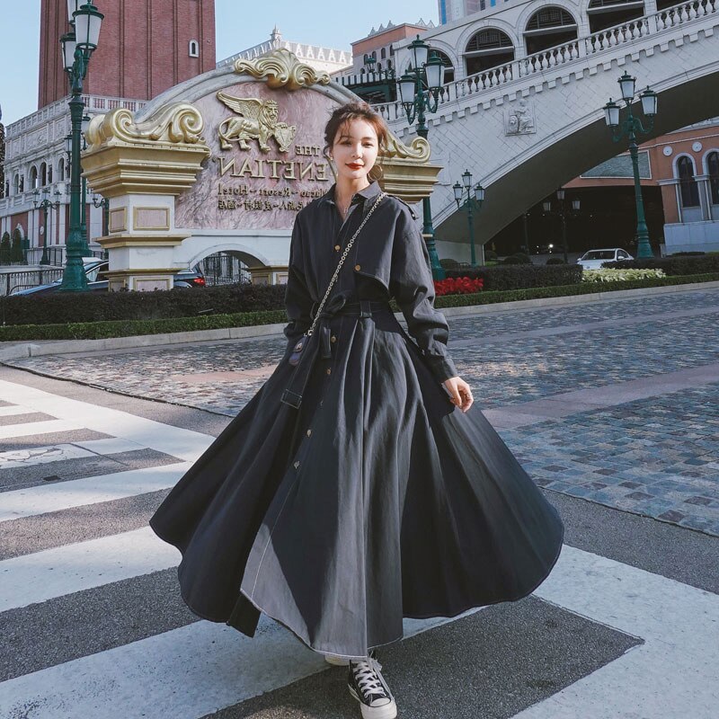 herbst Frauen Lange Kleid Drehen Unten Langarm Frauen lässig max Kleid Mit Gürtel Graben Stil Frauen Kleid Vestidos