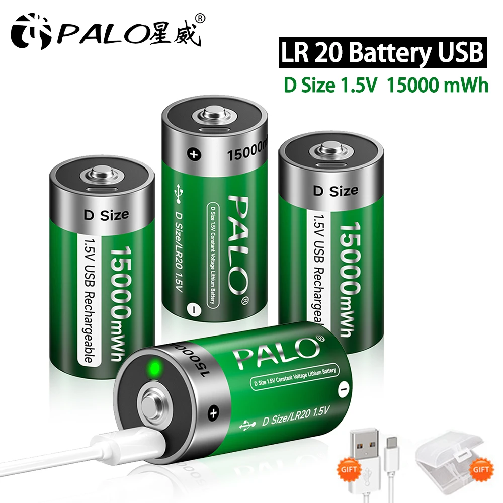Batterie Rechargeable USB 1.5V LR20, R20, 15000mWh, taille D, avec câble de Type C, pour appareils à gaz, cuisinière liquéfiée, Li-ion