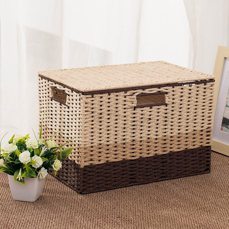 Desktop pastoral storage box with cover box sundry storage box paper rattan woven snacks toys clothing rearrangement basket