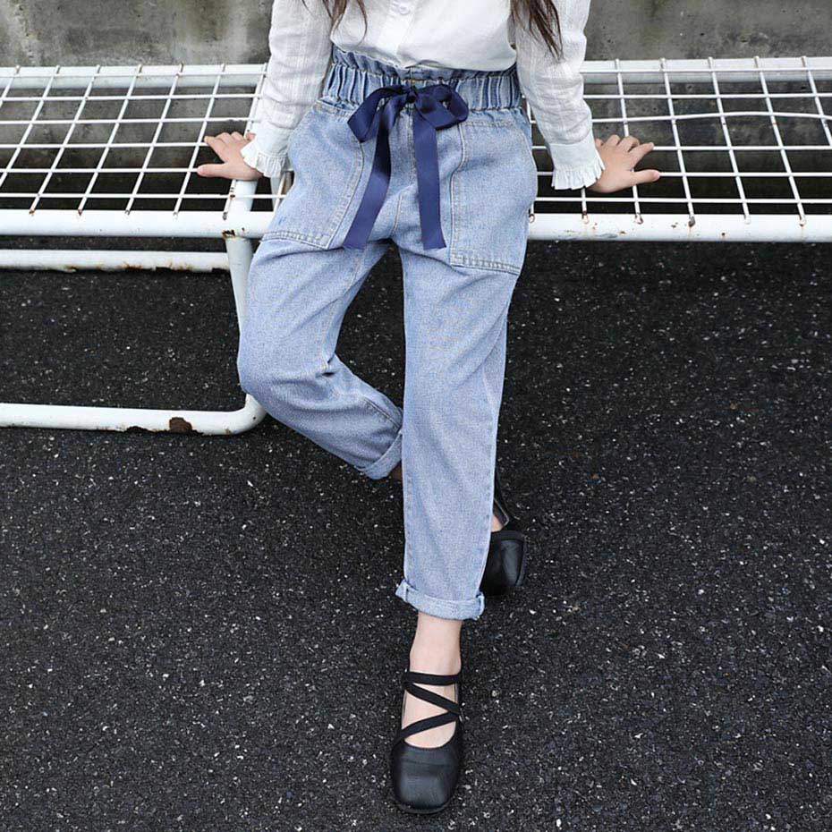 jeans jente høy vente jeans til jenter stor Bue jeans til låve solide klær til jenter 6 8 10 12 14: 9
