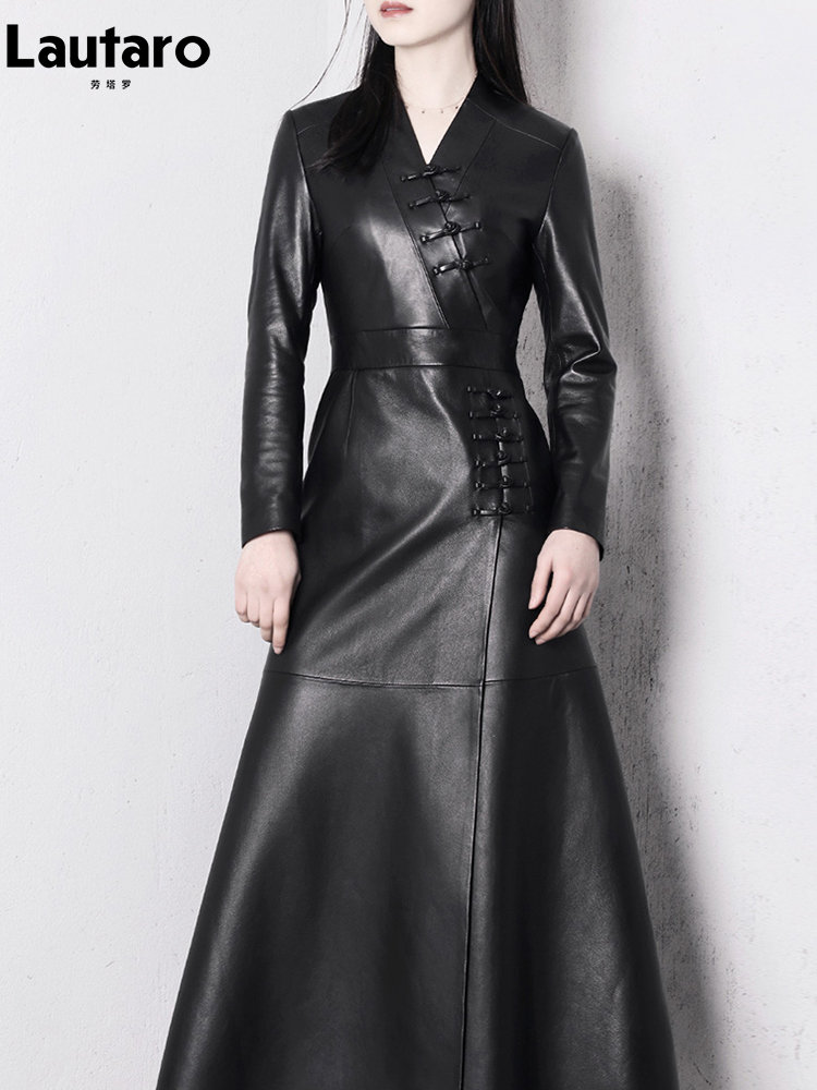 Lautaro primavera autunno Extra lungo rosso nero aderente morbido cappotto in ecopelle donna con bottoni nodo cinese scollo a V abiti firmati