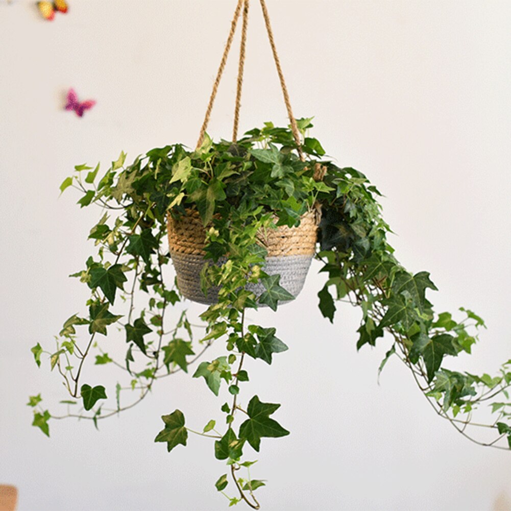 jute tau hengende kurv hengende planter kurv jute tau macrame plante hengende blomster lagrings arrangør til utendørs hage