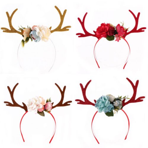 Diadema navideña para niña y mujer, disfraz cuernos de ciervo y flores, diadema para orejas, diadema para , vacaciones, novedad de Navidad