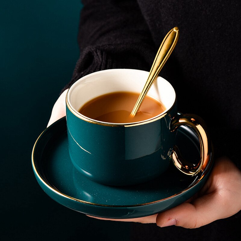 Europeisk stil kaffekopp tekoppfat set guld trim grön keramisk kaffemjölk kopp 200ml