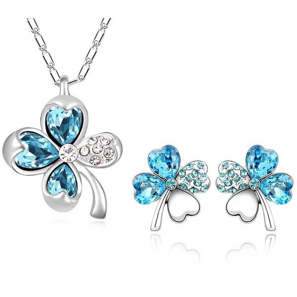 Schmuck sets liebe für immer 4 leaf clover wasser tear frauen party weiß gold farbe anhänger halskette ohrringe 9551: oceanblue