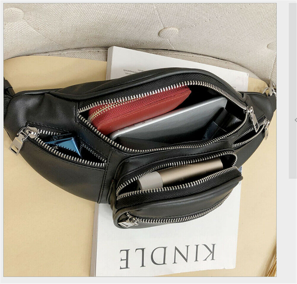 Newest Style Men Women PU Waist Bags Chain Black Solid Fanny Pack Travel Belt Purse Shoulder Bags Tote Waist Bag