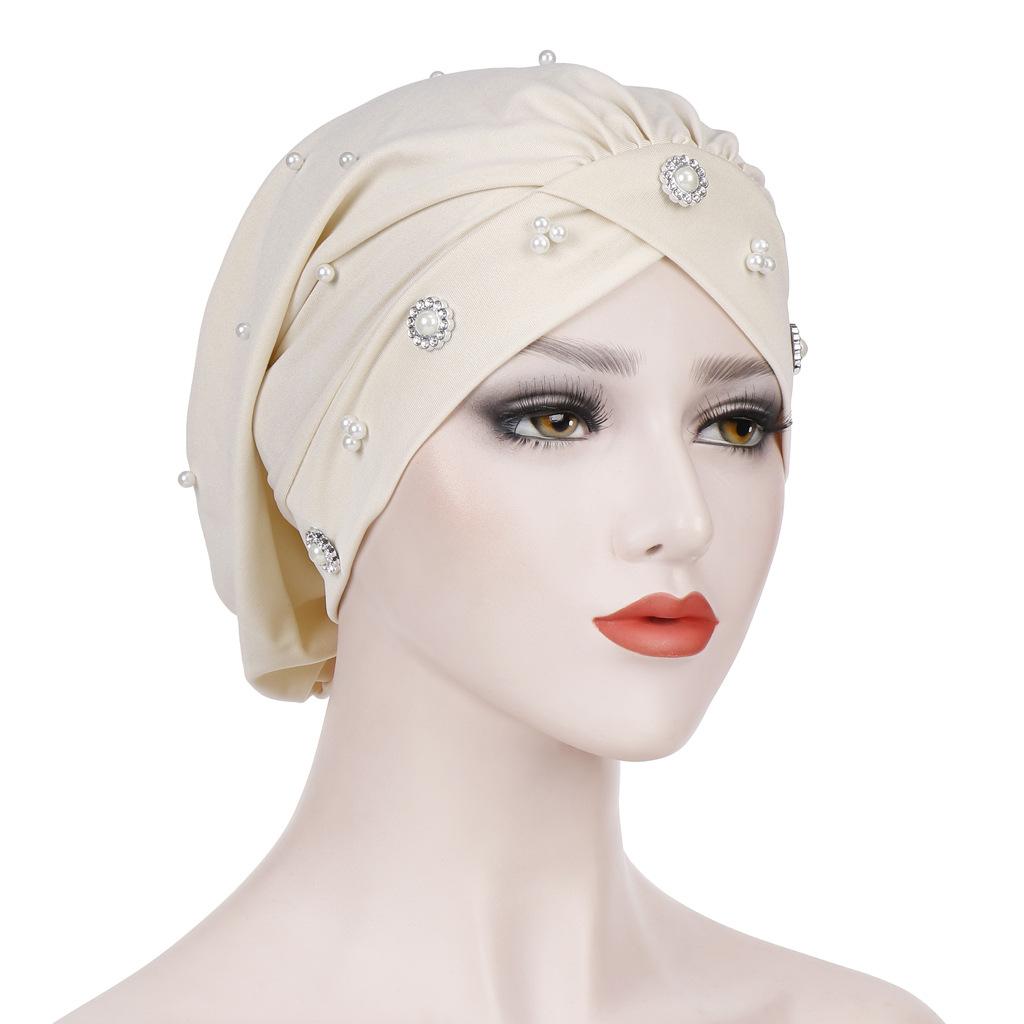 Nuove Donne Musulmano Perline Cancro cap Cofano Cappello Turbante Foulard avvolgere cap Perdita di Capelli Elastico Skullies Berretti Arabo di Modo Della Copertura: Beige