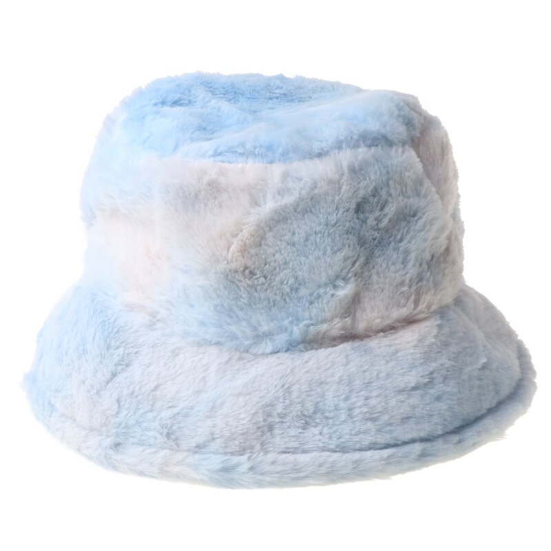 Women Winter Rainbow Colorful Tie Dye Bucket Hat Fluffy Fuzzy Plush Short Brim Sunscreen Thick Warm Panama Fisherman Cap