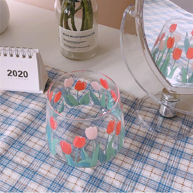 1pc tulipan mønster glass tulipan glass kopp tulipan kopp kontor vann kopp hjemme kopp (grønn)