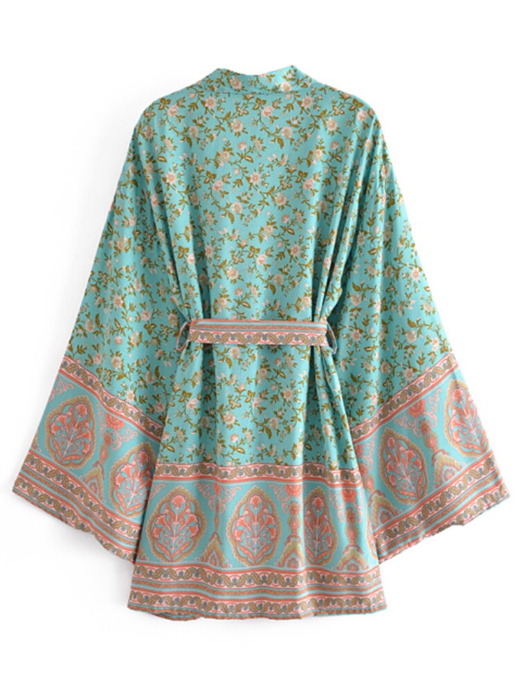 Boho vintage skære med flere blomsterprint kimono kvinder boheme v-hals flagermusærmer rayon bomuld happie kort robe cover-up