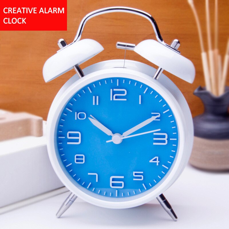Reloj despertador de doble campana de 4 pulgadas para niños, cronógrafo de Metal con personalidad, , luminoso, para sentarse, decoración del hogar: White and Blue