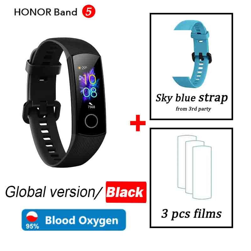 Honor band 5 wereldwijde versie smartband amoled hartslag fitness slaap zwemmen sport bloedzuurstofmeter: Zwart wereldwijd hemelsblauw