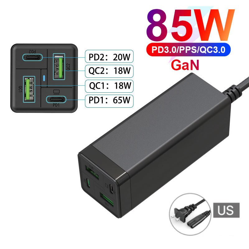 Chargeur USB C 85W, URVNS GaN Tech PD 65W PPS 33W QC 18W, Station de charge rapide USB-C pour iPhone, Samsung, MacBook: US