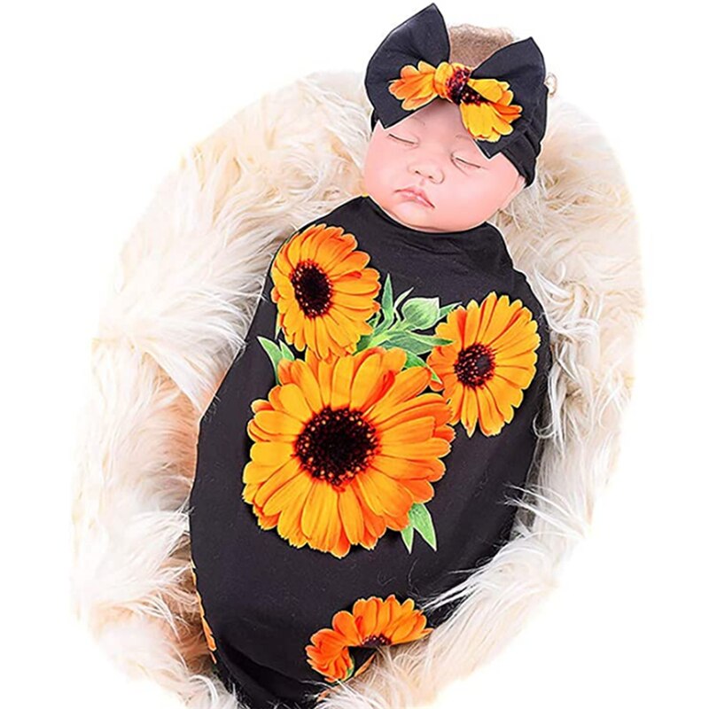 Kleinkind 2 Stück Schlaf wickeln setzt Sonnenblume aufbringen Herbst Frühling Decke Bowknot + Stirnband: Schwarz